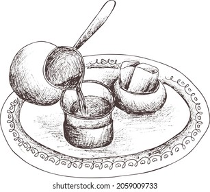 Esquema abstracto de mano conjunto de vector de la ceremonia del café turco. Ladle para el café, tazas, dulces y delicias turcas. Tradiciones de Turquía. Esbozo vintage Eps sobre fondo transparente