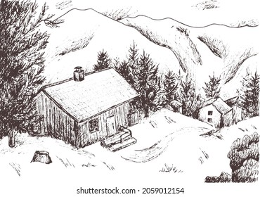  Hand drawn abstract outline vector sketch. Vintage silhouette village landscape. House in the mountains. Field. Forest. Eps image of countryside view on transparent background