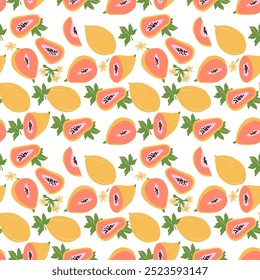 Hand drawn abstract papaya fruit pattern with plant parts and sliced food. Seamless pattern with papaya for textile, wrapping paper, posters. Fashion textures.