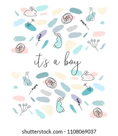 Hand drawn abstract pastel baby shower card with brush confetti, floral and bunny doodles in childish style. Delicate print for invitations, greeting cards, party, postcards, apparel design, nursery