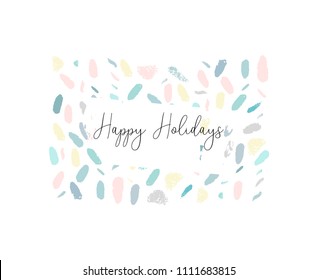 Hand drawn abstract pastel baby shower card with brush confetti, floral and bunny doodles in childish style. Delicate print for invitations, greeting cards, party, postcards, apparel design, nursery