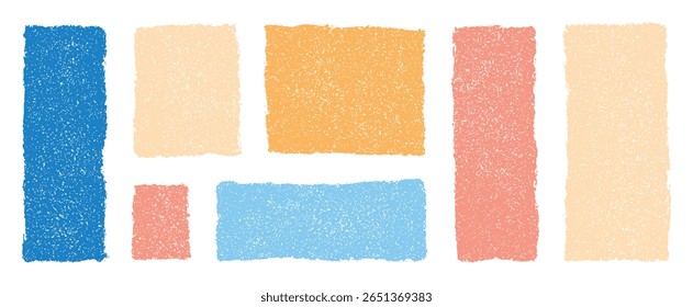 Hand drawn abstract pastel rectangles and blocks composition with beige yellow blue and coral pink textures on transparent background in minimalist modern graphic art style