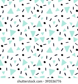Hand drawn abstract pattern in black and mint green on white background. Seamless retro style repeating background.