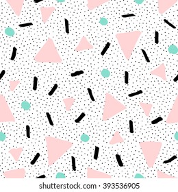 Hand Drawn Abstract Pattern In Black, Pastel Pink And Mint Green On White Background. Seamless Retro Style Repeating Background.