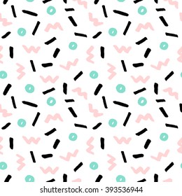 Hand drawn abstract pattern in black, pastel pink and mint green on white background. Seamless retro style repeating background.