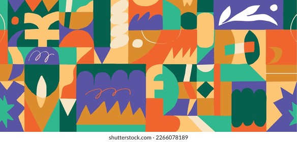 Handgezeichnet abstraktes Muster. Farbiger Hintergrund mit geometrischen Formen. Flaches Design. Künstlerisches Banner mit lebhaften Farben. Mosaiklandschaft. Festliche Dekoration. Trendzusammensetzung mit Rechtecken.