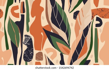 Hand drawn abstract pattern. Creative collage contemporary seamless pattern. Natural colors. Fashionable template for design.