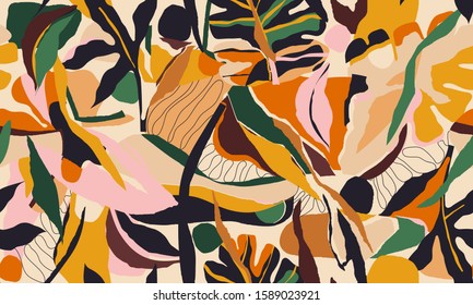 Hand drawn abstract pattern. Creative collage contemporary seamless pattern. Natural colors. Fashionable template for design.