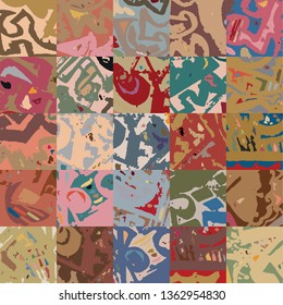 Hand drawn abstract pattern details cropped, reassembled into 5 x 5 squares patchwork design