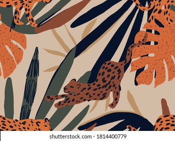 Hand drawn abstract pattern with leopards. Creative collage contemporary seamless pattern. Natural colors. Fashionable template for design.
