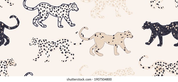 Hand drawn abstract pattern with leopards. Creative collage contemporary seamless pattern. Fashionable template for design.