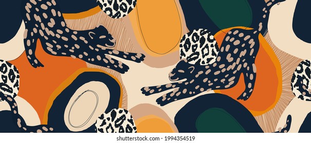 Hand drawn abstract pattern with leopards. Creative collage contemporary seamless pattern. Fashionable template for design.