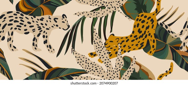 Hand drawn abstract pattern with leopards. Creative collage contemporary seamless pattern. Natural colors. Fashionable template for design.