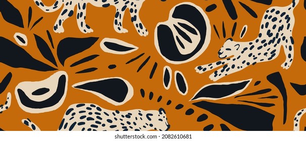 Hand drawn abstract pattern with leopards and various organic shapes. Collage contemporary print. Fashionable template for design.