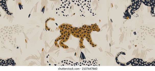 Hand drawn abstract pattern with leopards in vintage style. Artistic collage seamless pattern. Natural colors. Fashionable template for design.