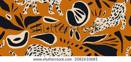 Hand drawn abstract pattern with leopards and various organic shapes. Collage contemporary print. Fashionable template for design.