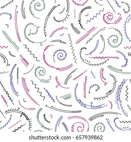 Hand drawn abstract pattern in memphis style. Vector colorful seamless background for wallpaper, wrapping, textile design, surface texture, fabric.
