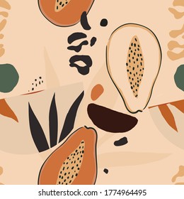 Hand drawn abstract pattern with papayas and leopard print. Creative collage contemporary seamless pattern. Natural colors. Fashionable template for design.