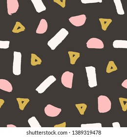 Hand drawn abstract pattern in pink, green, dark brown and cream. Cute and playful textile, wallpaper, greeting card, packaging design.