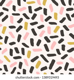 Hand drawn abstract pattern in pink, green, dark brown and cream. Cute and playful textile, wallpaper, greeting card, packaging design.