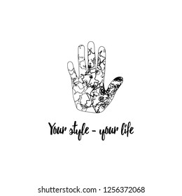 Hand. Hand drawn abstract patterns on isolation background. Line art creation. Black and white illustration for coloring. Print for t-shirts and textiles