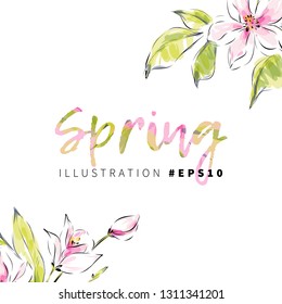 Hand drawn abstract pink flowers corner frame background for decorative spring design. Watercolor floral elements.