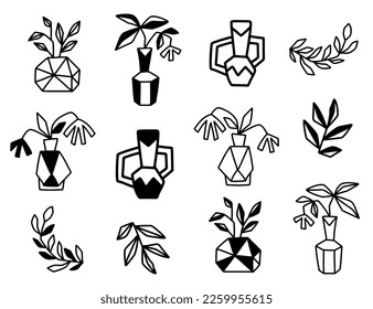 Hand drawn abstract plants in ceramic vases, pots set. Elegant flowers, botanical drawing. Posters artwork collection. Mid century modern art. Geometric minimal stye. Artistic logo design element pack