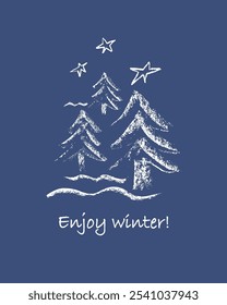 Hand drawn abstract plants. Spruce, fir trees, spruce forest. Pastel texture. Vector design. Enjoy winter card, print or poster. Night winter scene.