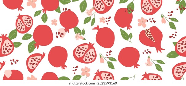 Hand drawn abstract pomegranate pattern with plant parts and sliced food. Seamless pattern for textile, wrapping paper, posters. Fashion textures.