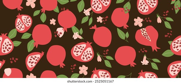 Hand drawn abstract pomegranate pattern with plant parts and sliced food. Seamless pattern for textile, wrapping paper, posters. Fashion textures.