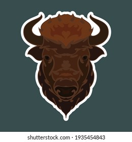Hand drawn abstract portrait of a bison. Sticker. Vector stylized colorful illustration isolated on dark background.