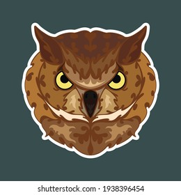 Hand drawn abstract portrait of an owl. Sticker. Vector stylized colorful illustration isolated on dark background.
