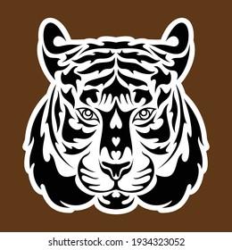 Hand drawn abstract portrait of a tiger. Sticker. Vector stylized illustration isolated on brown background.