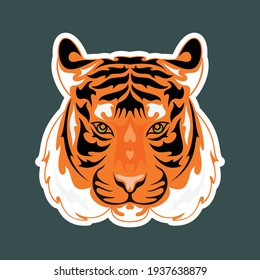 Hand drawn abstract portrait of a tiger. Sticker. Vector stylized colorful illustration isolated on dark background.