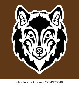Handgezeichnetes abstraktes Porträt eines Wolfs. Aufkleber. Vektorstylisierte Illustration einzeln auf braunem Hintergrund.