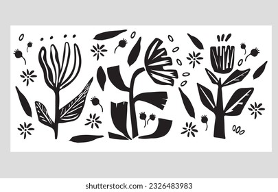 Hand drawn abstract poster with black ornamental flowers and leaves. Designed for posters wallpapers background social media 