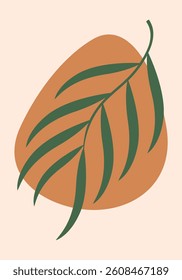 Hand drawn abstract poster with green branch on beige background. Vector flat illustration. Design template, logo, posters, invitation, greeting card