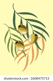 Hand drawn abstract poster with olives and green, orange branch on light yellow background. Vector flat illustration. Design template, logo, posters, invitation, greeting card