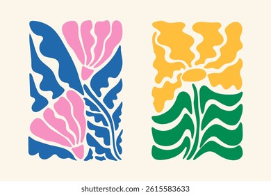 Hand drawn abstract posters with creative flowers and leaves. Wall art. Vector.