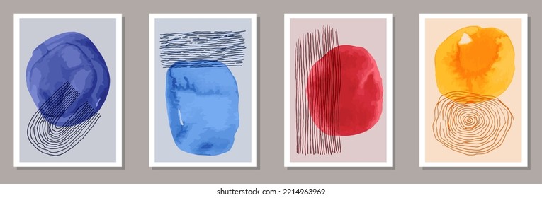 Hand drawn abstract posters vector collection. Watercolor splats patterns. 60s style design. Stylish office poster templates. Scribble elements.