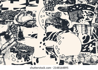 Hand Drawn Abstract Psychedelic Background with torn paper collage and handmade graphic elements. Vector Illustration