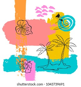 hand drawn abstract quirky colorful summer time paint brush art stroke textured and outlined collage card background with palm trees hibiscus flower and surfer
