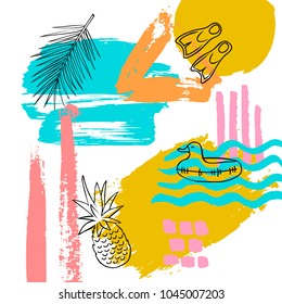 hand drawn abstract quirky summer time vacation beach paint brush art stroke textured and outlined collage card background with pineapple, coconut palm leaf , diving flippers duck float doodles