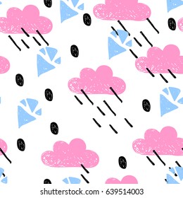 Hand drawn abstract rainy clouds. Vector seamless pattern