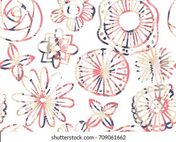 Hand drawn abstract red and blue flowers with grunge texture seamless pattern