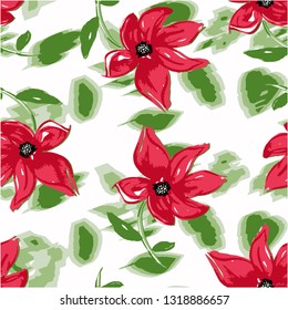 Hand Drawn Abstract Red Flowers with Green Leaves Vector Pattern Isolated Background
