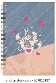 Hand drawn abstract retro design with hearts for decorate book, notebook, case, stationery. Mock up of the notebook. Cover A5 template. EPS 10.