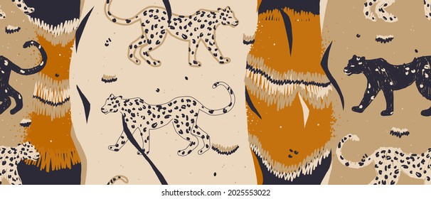 Hand drawn abstract safari pattern with leopards. Ornamental collage contemporary seamless pattern. Natural pastel colors.  