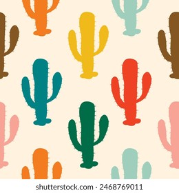  Hand drawn abstract saguaro cactus colorful seamless pattern