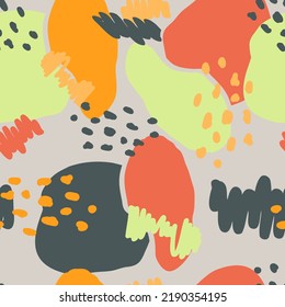 Patrón abstracto dibujado a mano y garabato colorido y sin costuras. Cuto vector amarillo, rojo, negro, doodle verde para papel, tela, libro, cocina, niños.